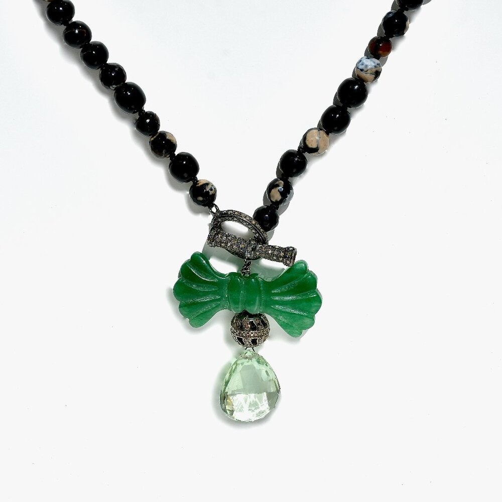 925 Silver Diamond & Aventurine Agatha Tear Drop Statement Toggle Necklace